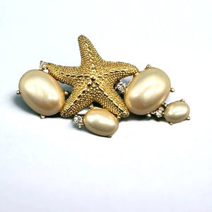 TRIFARI Starfish Pin Brooch Gold-Tone Faux Pearl Cabochons Rhinestones
